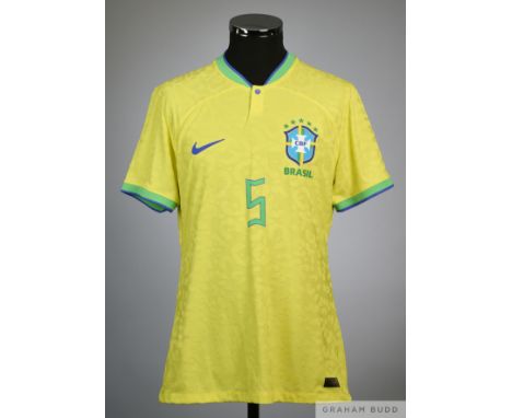 Casemiro yellow and green No.5 Brazil match worn Pele Tribute short-sleeved shirt, 2023, Nike, L with button-up collar and pr