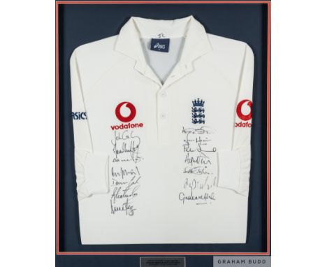 John Crawley white England v. Australia match worn long-sleeved shirt, 1999, with button-up collar and embroidered three lion