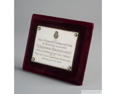 Raymond Kopa continental silver plaque presented to Kopa for three appearances in European Cup Finals by the Spanish F.A. ins