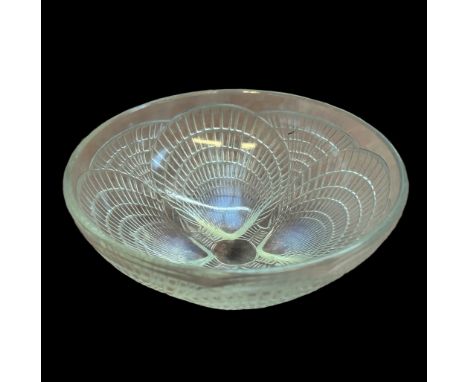 Rene Lalique Coquilles opalescent glass bowl decorated with four shells and etched mark to base 'R Lalique', 13cm in diameter