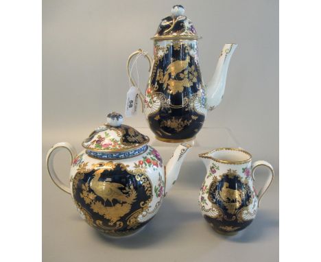 Booth's china bachelor's teapot, cream jug and coffee pot in 18th Century design, decorated with flowers and gilded birds, pr