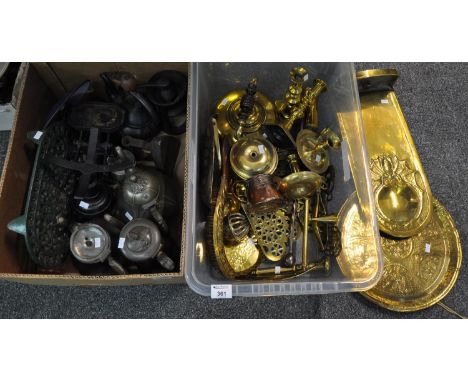 Two boxes of metalware, one of assorted brassware, the other containing coffee pot and teapot by Thomas Otley, Sheffield, tea