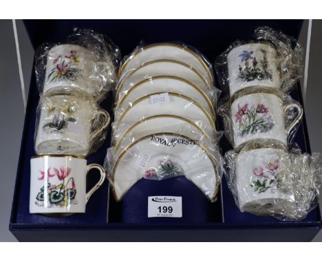 Boxed set of six Royal Worcester fine bone china coffee cans and saucers, decorated with flowers and foliage, appearing unuse