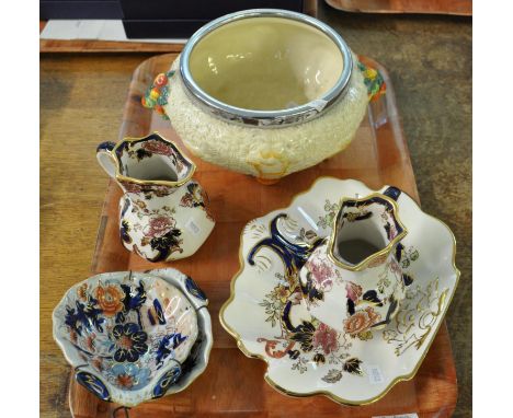 Tray containing Clarice Cliff 'Celtic Harvest' bowl with a white metal rim, two Mason's Ironstone 'Mandalay' pattern jugs and