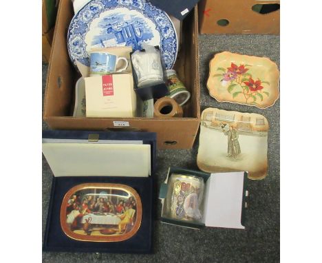 Box of assorted china to include; various commemorative mugs including Coalport, boxed Peter Jones 'Fairwell to Concorde' mug