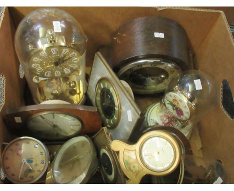 Box of various clocks to include; small mantel clock by Domino, Metamec small bedside clock, vintage alarm clocks, clocks und