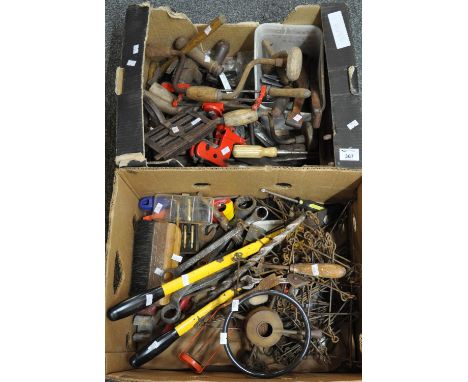 Two boxes of carpentry and other tools to include: hand drills, hammer, sheers, loppers, spanners, wool carding tool etc. (2)