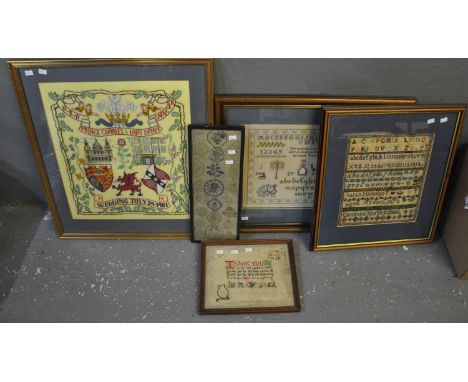 Box of assorted samplers and tapestry work. Framed. (5) (B.P. 21% + VAT)All needlework, no printsSmall geometric needlework -