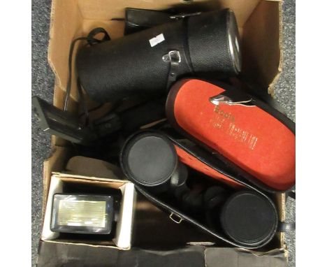 Box of cameras and photographic equipment to include; Boots Admiral II 10 x 50mm binoculars in original case, Miranda 730TCD 