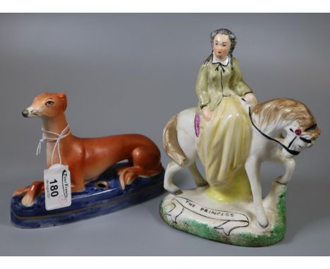 Reproduction Staffordshire style recumbent greyhound inkwell and a reproduction Staffordshire style equestrian figure The Pri