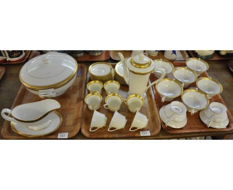 Three trays of Royal Worcester fine bone china comprising: cream and gilt edged coffee set, soup tureen, gravy boat and sauce