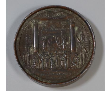 Late Victorian bronze prize medallion for Holborn restaurant 'presented by the proprietors', 3rd December 1896.(B.P. 21% + VA