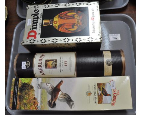 Three bottles of whisky: Aberlour, aged 10 years, single Highland malt whisky, 1ltr bottle Famous Grouse scotch whisky, 75 cl