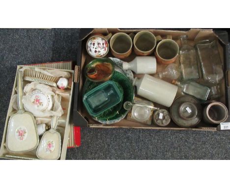 Box of assorted items to include; glass bottles, stoneware bottles, art pottery mugs, jars with lids, a glass jar with stoppe