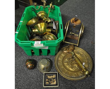 Box of metalware containing two EPNS silver goblets, a Courvoisier cognac cannon design holder, an oil burner base, four Egyp
