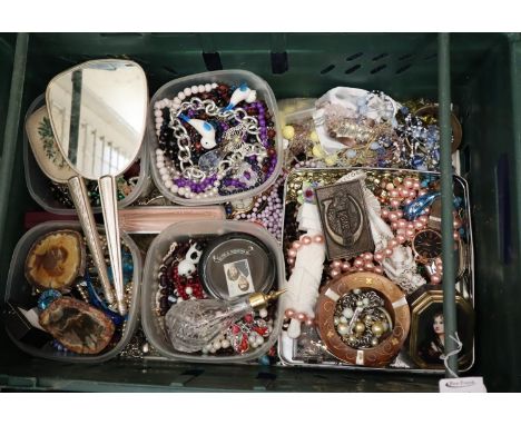 Crate of vintage costume jewellery, glass atomiser, vanity brush and mirror, watches etc.(B.P. 21% + VAT) 