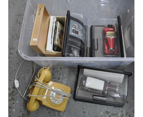 Box of assorted items to include vintage telephone, three franklin mint diecast motorcars in original cases, various first da