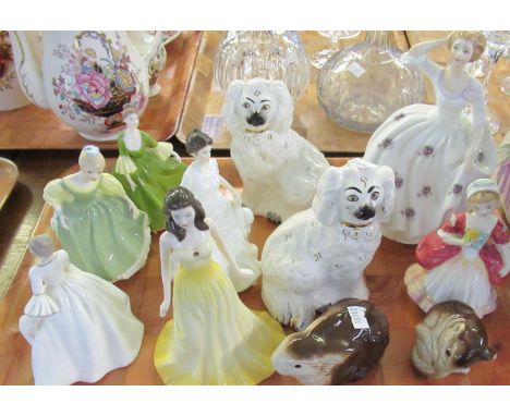 Tray of various figurines to include; Coalport 'Gwen' and 'Mary', Royal Doulton; 'Fair Maiden' HN2211, 'Harmony' HN4096, Gems