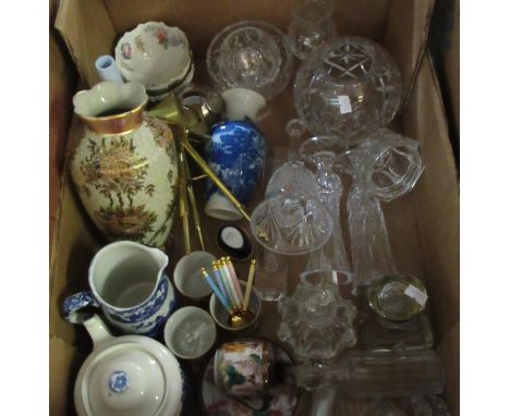 Box of china and glass to include; oriental vases, blue and white transfer printed jug, glass specimen vases, drinking vessel