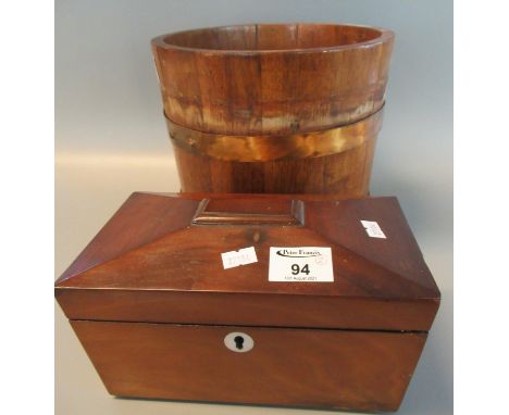 Small early 19th century mahogany sarcophagus shaped tea caddy, with two compartments, one lid missing. 24cm wide approx. Tog