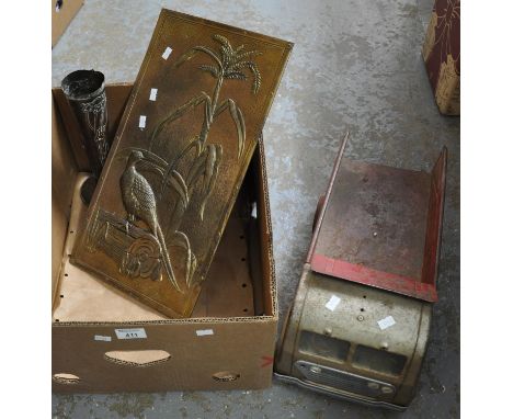 Vintage tin plate lorry, repousse copper finish panel, and a copper vase.(B.P. 21% + VAT) 