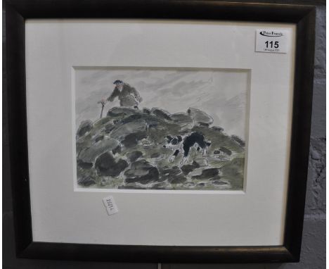 After Sir John Kyffin Williams, Farmer on a mountain top with collie dog, coloured print. Signed with initials in the plate. 