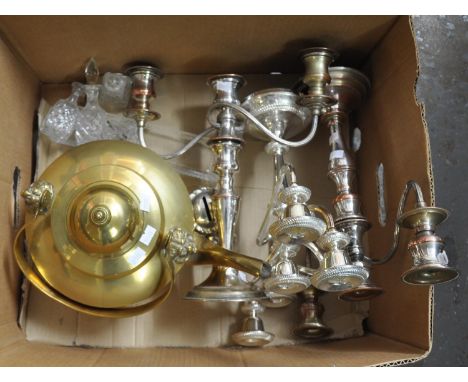 Box containing a pair of elegant silver plate on copper, hand made candelabra, another candelabrum, large brass kettle with l