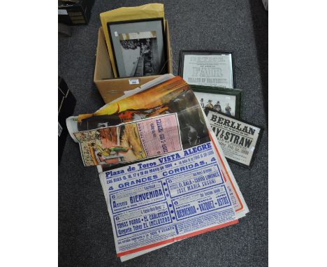 Box of framed pictures etc. to include: oak framed sampler, framed notice for Berllan, Eglwyswrw village fair and also a hay 