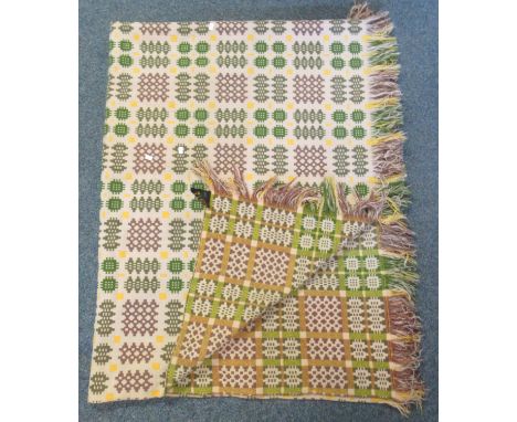 Pale pink ground vintage woollen Welsh tapestry blanket with fringed edges and Derw product made in Wales label. (B.P. 21% + 