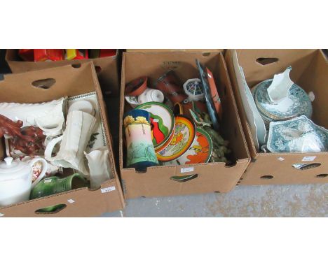 Three boxes of china to include; set of three Royal Worcester blanc de chine graduated tusk vases, Wedgwood 'Talisman' coffee