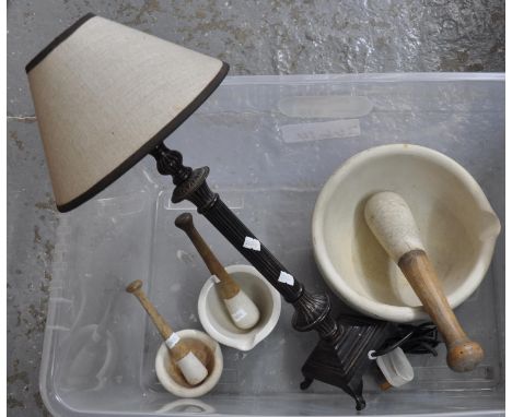 Box containing large antique pestle and mortal with 2 smaller antique pestles and mortars, fashioned from stone and wood, tog