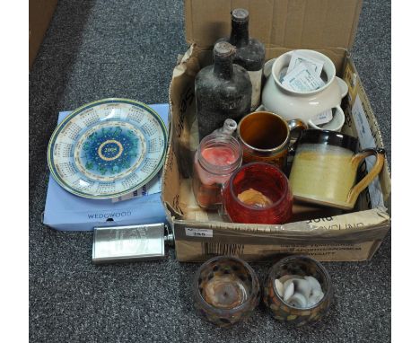 Box of miscellaneous items to include: a small herb planter containing some seeds, two Gordon's Special Dry London gin bottle