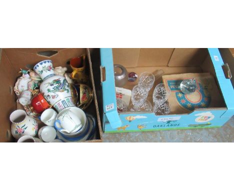 Box of glass and box of china to include; set of six Babycham glasses in original box, wine glasses, paperweights etc, Poole 