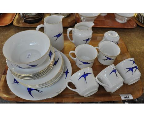 Tray of Czechoslovakian swallow pattern part teaware.  Blue swallows on a white ground, marked 'Made in Czechoslovakia'. Six 