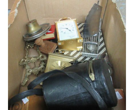 Box of items to include; carriage clocks, faux tortoiseshell desk inkwell, brass miniature easel, travelling hip flasks and d