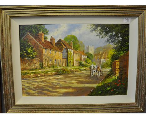 R Telford, English country village scene with horse drawn milk float and distant church, signed, oils on canvas. 40 x 60cm ap