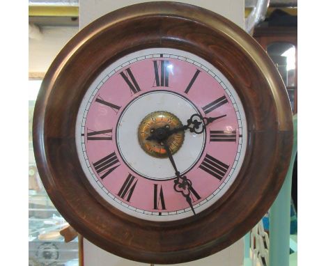 Early 20th Century German postman's alarm two weight wall clock, having metal enamelled Roman face, pendulum and two fir comb
