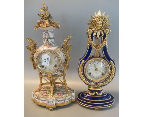 A Marie-Antoinette Flowers of Versailles porcelain figural mounted mantel clock with two train movement and floral decoration