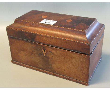 Late 18th Century mahogany two compartment tea caddy with stepped hinged cover and herringbone strung decoration. 24cm wide a