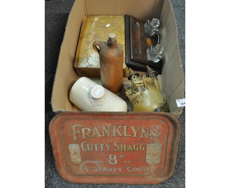 Box containing assorted items to include: a 'Franklin's Cutty Shagg  8/D per oz. is always good' vintage tray, a Wynand Focki