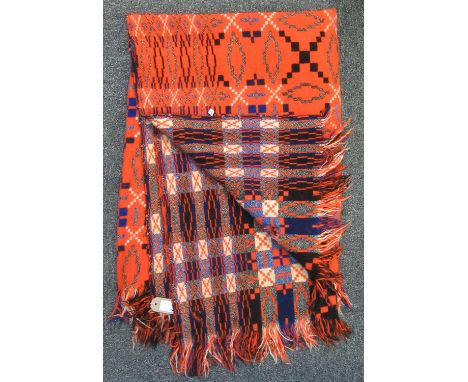 Vintage orange ground woollen Welsh trapestry throw or small blanket, 160 x 206cm approx including fringes. (B.P. 21% + VAT) 
