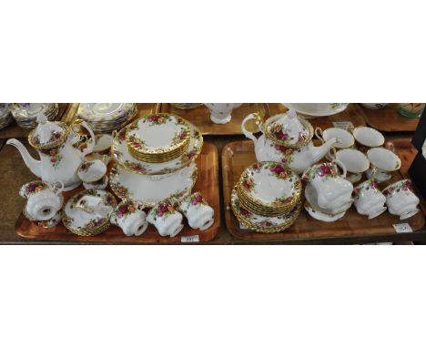 Two trays of Royal Albert 'Old Country Roses' comprising: one tea set, including: teapot, jug, sugar basin, six cups and sauc