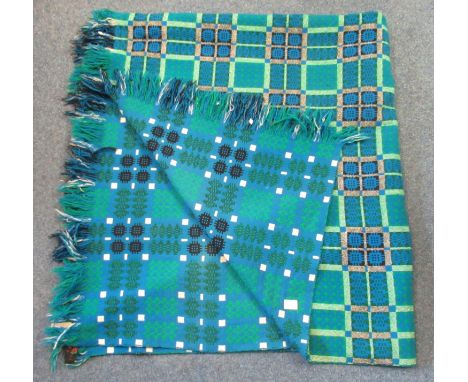 Blue ground vintage woollen Welsh tapestry blanket with fringed edges and a Derw product label. (B.P. 21% + VAT)Various small
