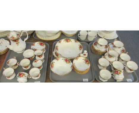 Three trays of Royal Albert 'Old Country Roses' English bone china tea, coffee and dinnerware items to include; coffee pot, c