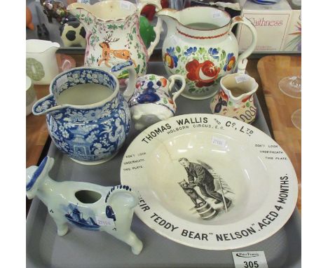 Tray of assorted pottery items to include; two miniature Gaudy Welsh dresser jugs, a relief design dresser jug with deer, flo