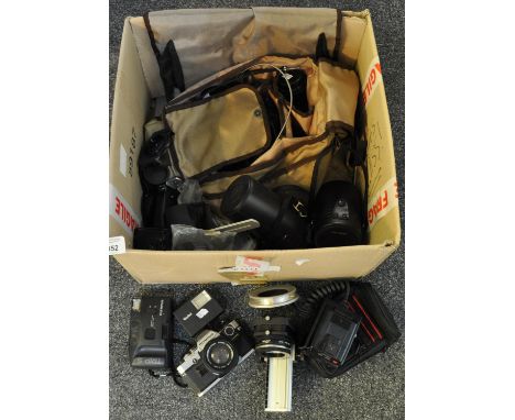 Box of various camera equipment to include Olympus OM10 SLR camera with flash unit, two Olympus flash units, Olympus Trip5 co