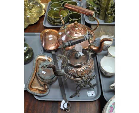 Tray of metalware to include: large copper and brass kettle, an ornate teapot on a stand with burner, a copper chestnut roast