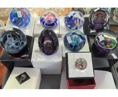 Tray of various Caithness paperweights in original boxes to include; 'Feathers', 'Queen Mother Favourite flowers', commemorat