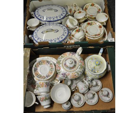 Two boxes of assorted china, mainly floral teaware, to include: Paragon 'Country Lane' teapot, teacups, sucrier and plates et