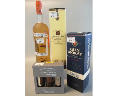 Collection of whiskies to include; Queen Mary II pure malt whisky, Glen Moray Speyside single malt Scotch whisky Elgin classi